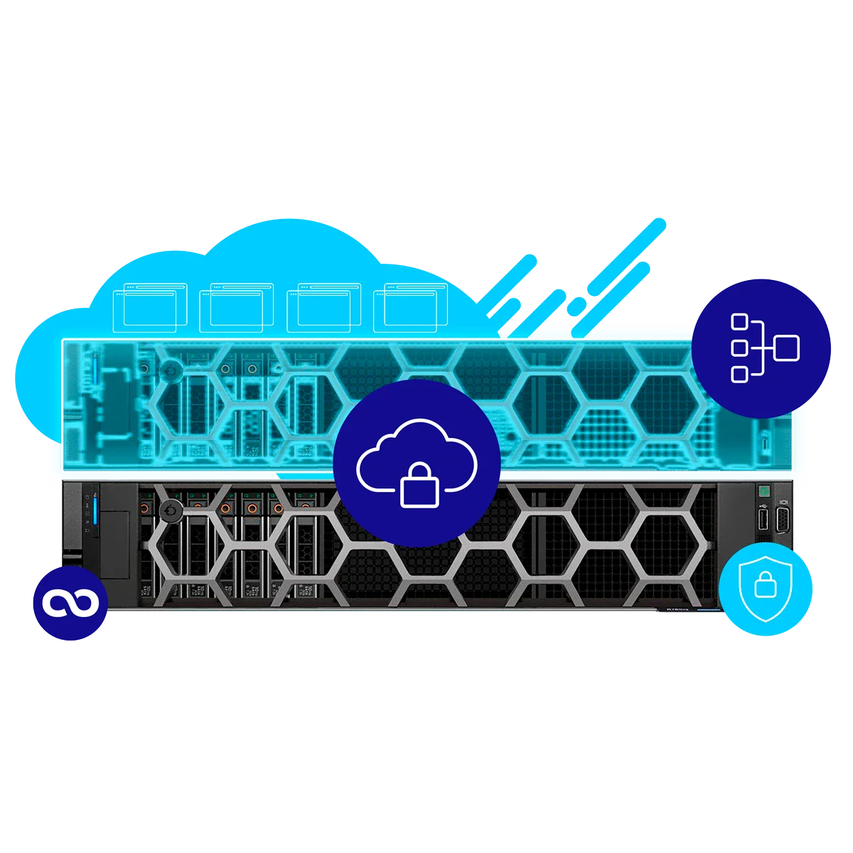Servidor cloud/holograma con escudo de seguridad