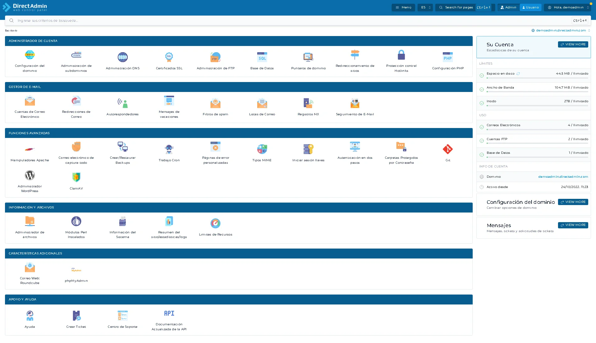Vista del panel DirectAdmin en nivel Admin