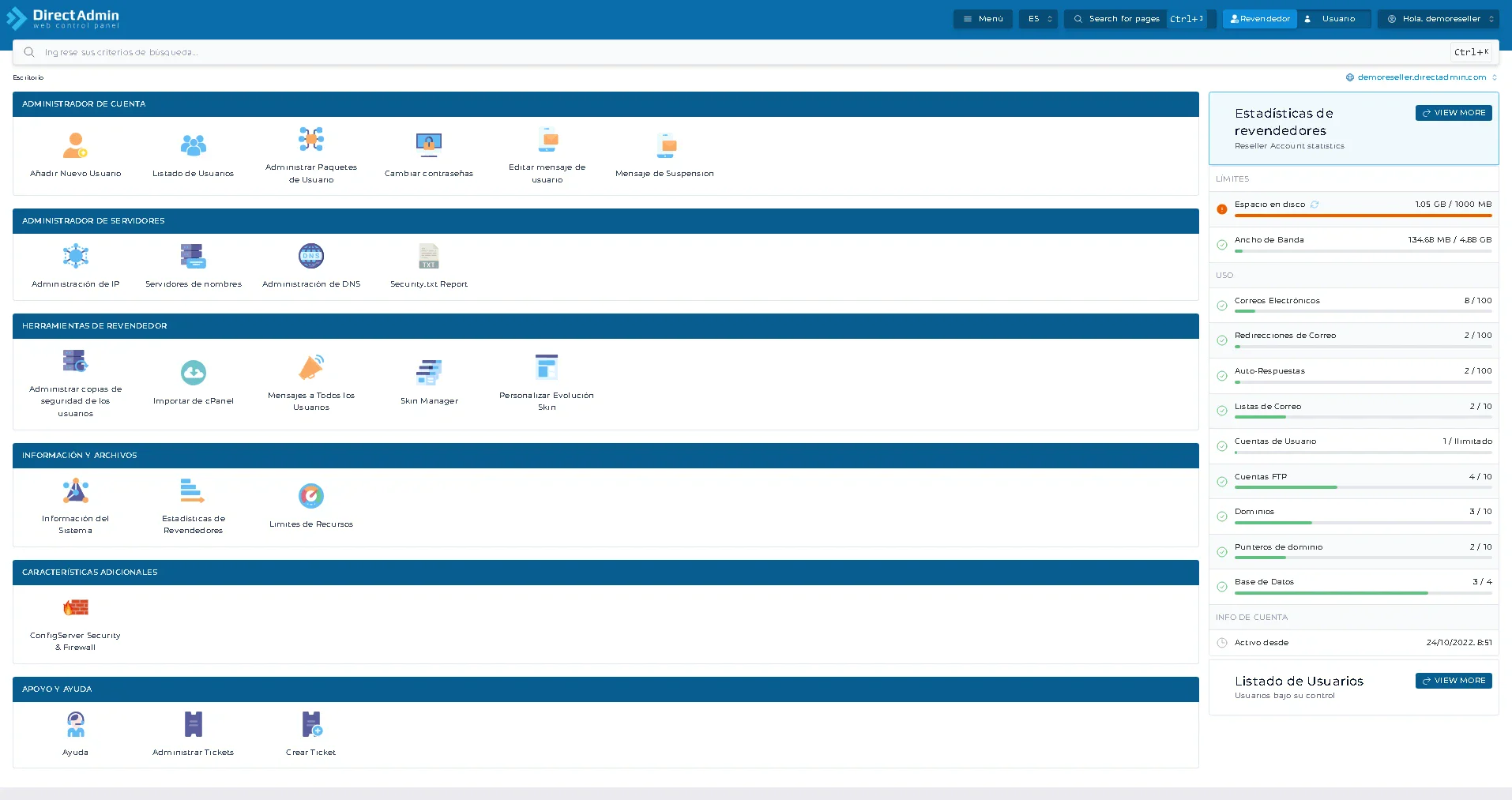 Vista del panel DirectAdmin en nivel Reseller