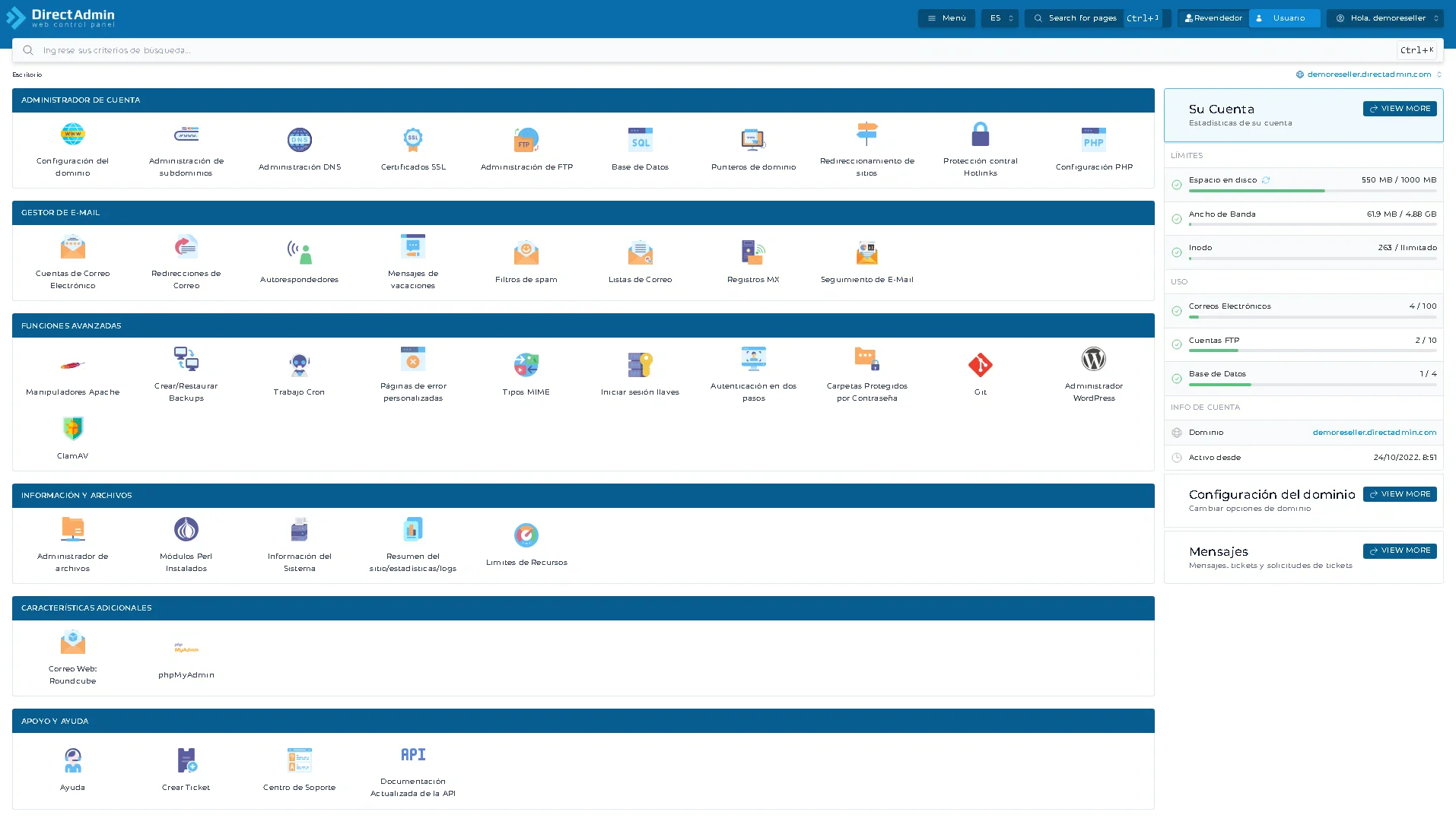 Vista del panel DirectAdmin en nivel Usuario
