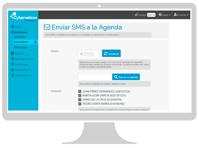 Envíos a la agenda WebSMS Pro